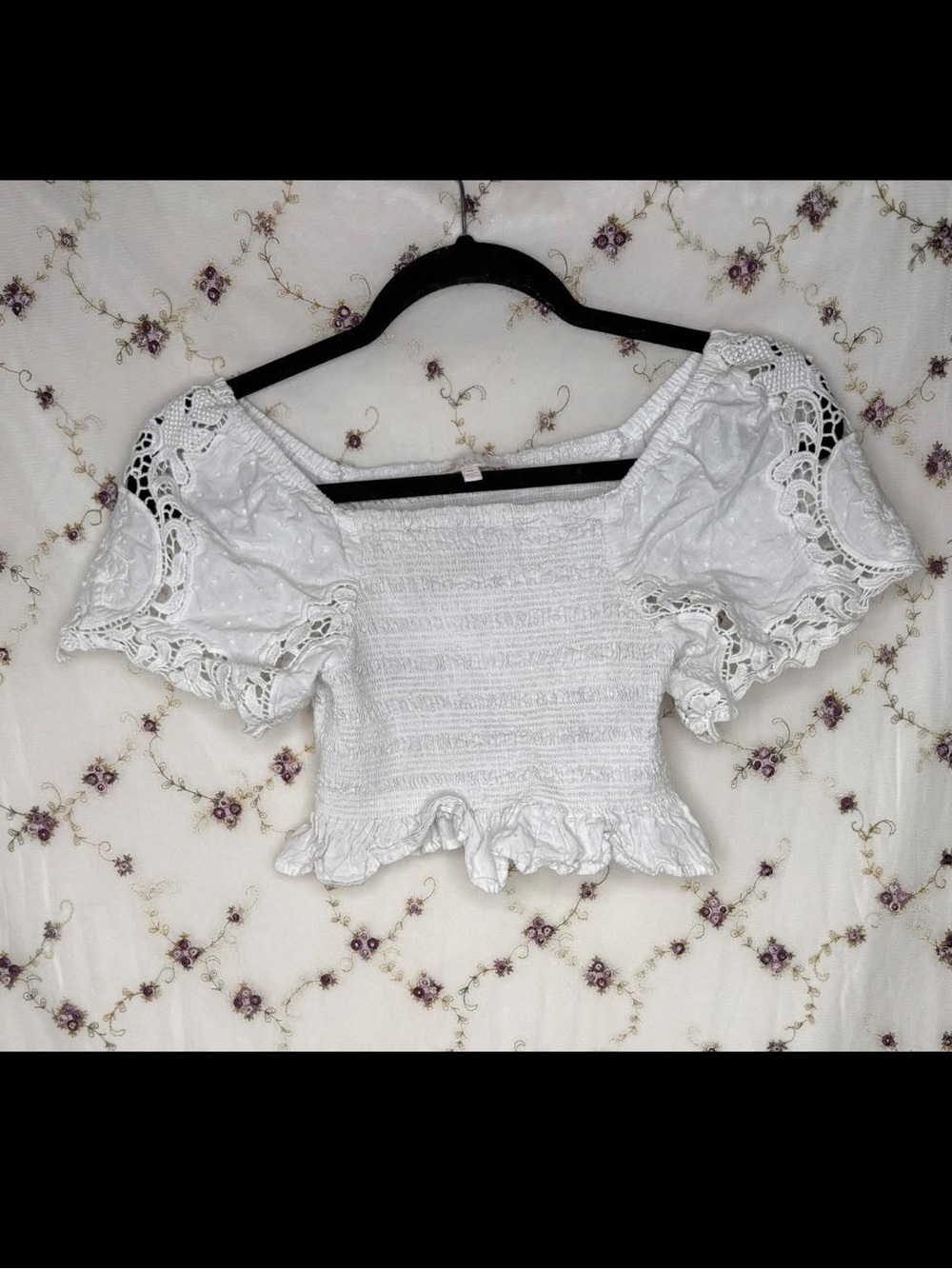 GB girls White Off-Shoulder Smocked Crop Top with Lace Puff Sleeves